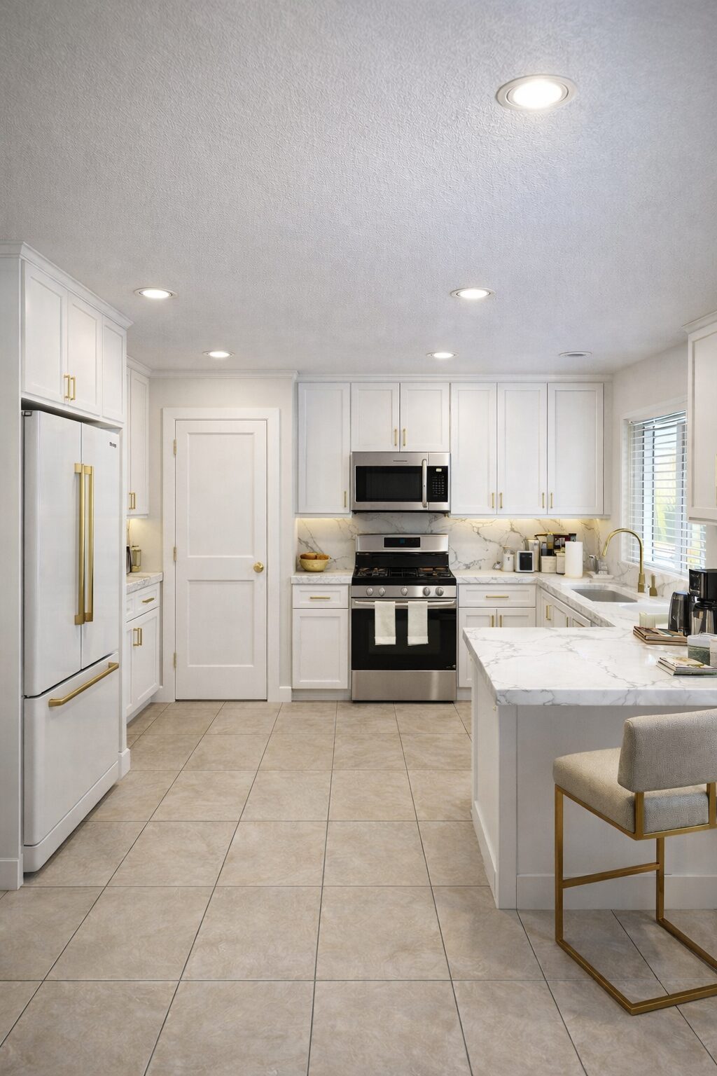 White kitchen renovation with matte white refrigerator and gold hardware